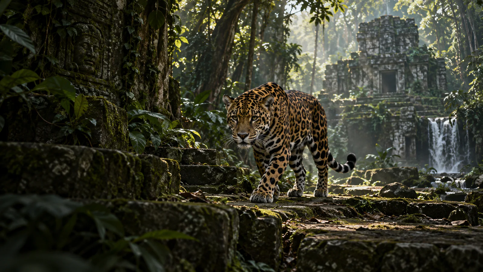 Jaguar walking through ancient jungle ruins